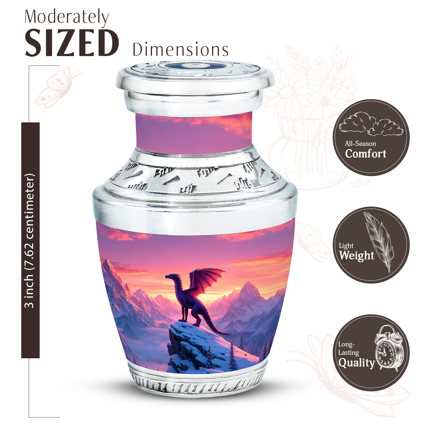 JAGASY Dragon Memorial Urn for Ashes Adult Male & Female, Pink Keepsake Small Urns for Human Ashes, Snowy Mountain & Sunset Decorative Urns for Mother, Cremation Urn for Father, (3 Inch)