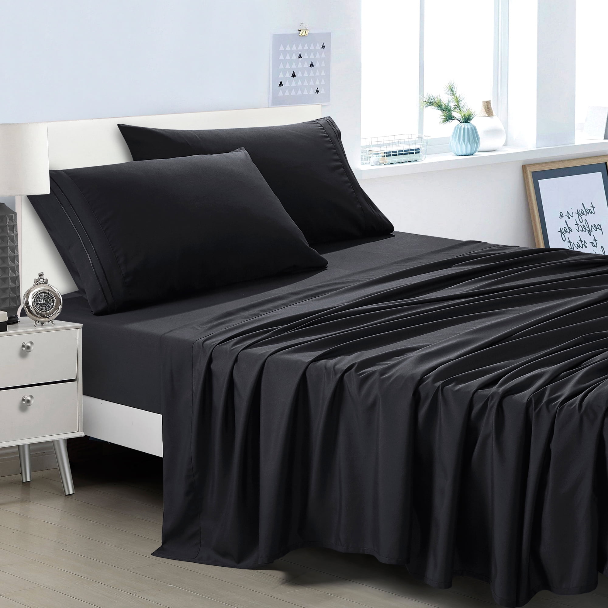 4-Piece Set Bed Sheets, Bedding with Fitted Sheet, Flat Sheet & Pillowcases