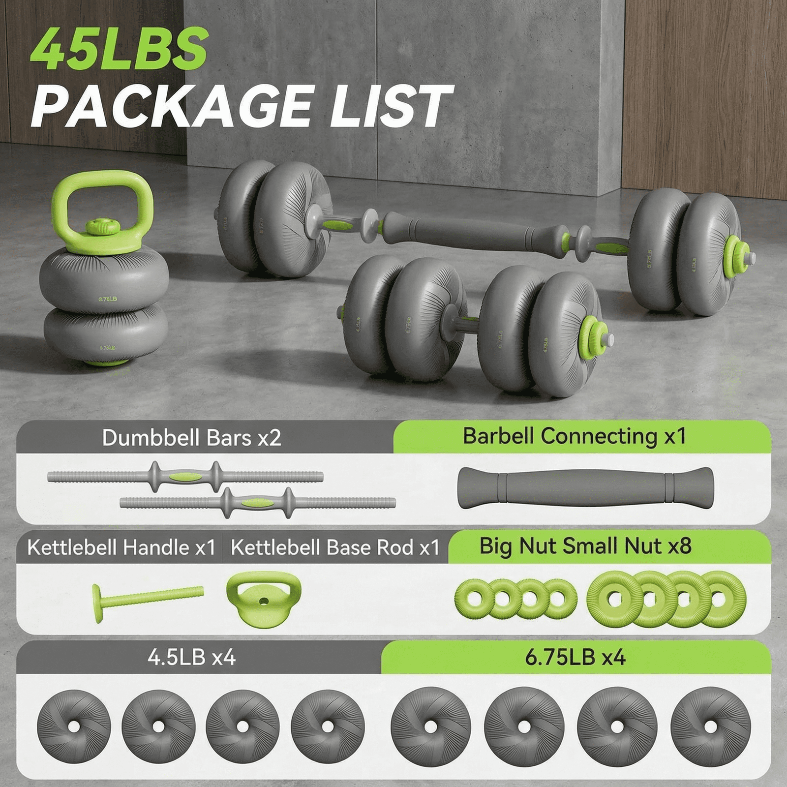 LIFERUN Adjustable Dumbbell Set, Soft PVC, 45lbs/67lbs Free Weight Set. 4-in-1: Barbell, Dumbbells, Kettlebell, Weight Plates, Green.