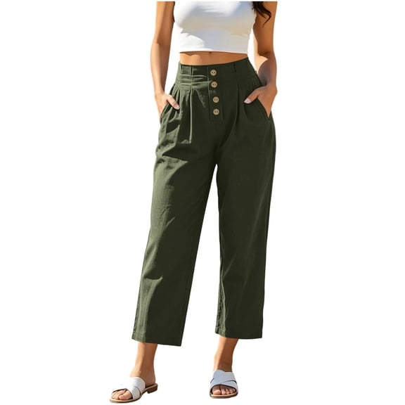 Ruimatai Womens High Waist Button Front Pleated Capri Pants Pockets Straight Leg Casual Trousers