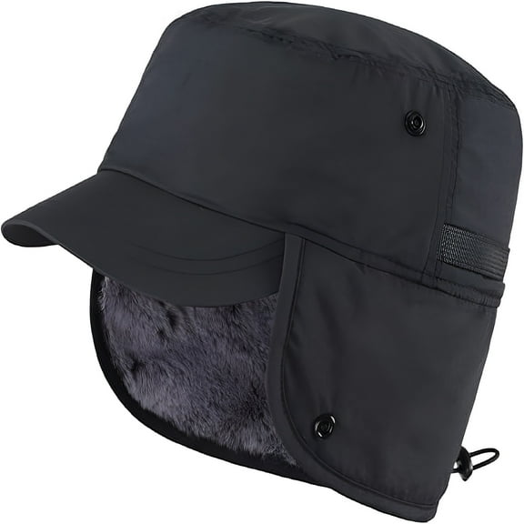 TELOLY Men's Winter Hat with Visor Warm Earflaps Hat Fully Lined Faux Fur Baseball Cap Trapper Hunting Hats