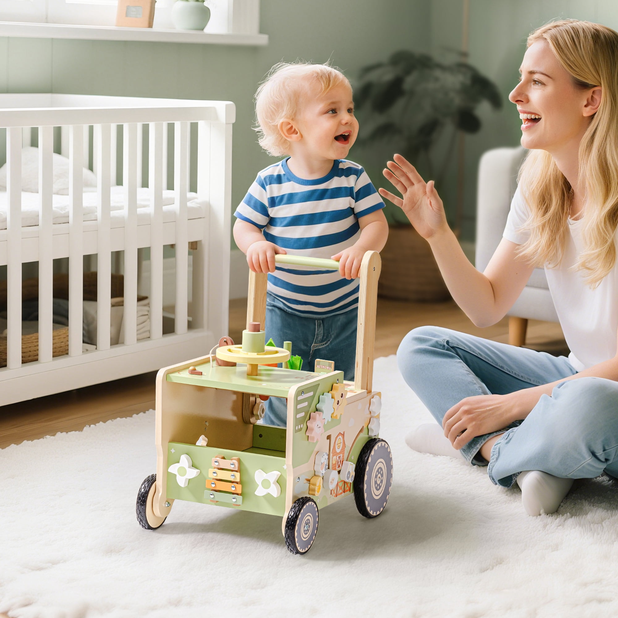 Robud Wooden Baby Walker for 10+ Months, Adjustable Speed & Height Learning Push Toy Montessori Activity (Rustic Farm Adventure Theme)