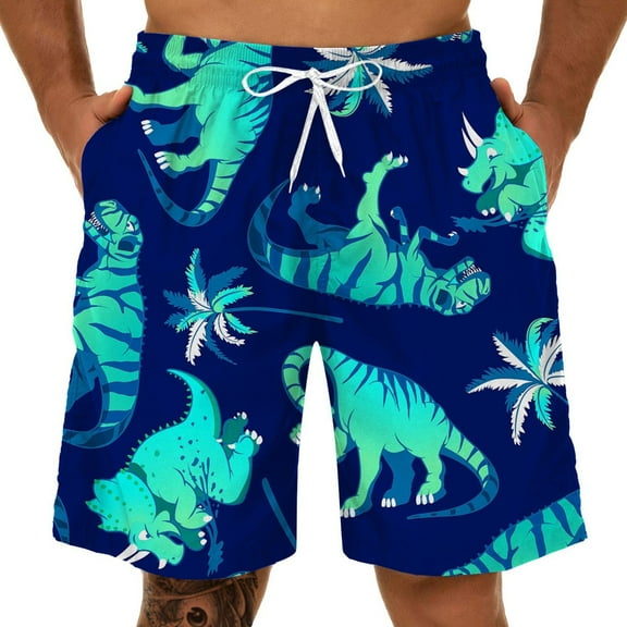 Men's Quick-Dry 3D Dinosaur Swim Trunks, Plus Size, Blue, XXL
