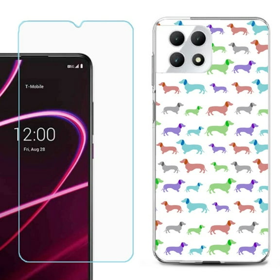 Phone Case for T-Mobile Revvl 7 5G, Shockproof Case Cover with Tempered Glass Screen Protector, by OneToughShield - Colorful Dachshund/Puppy