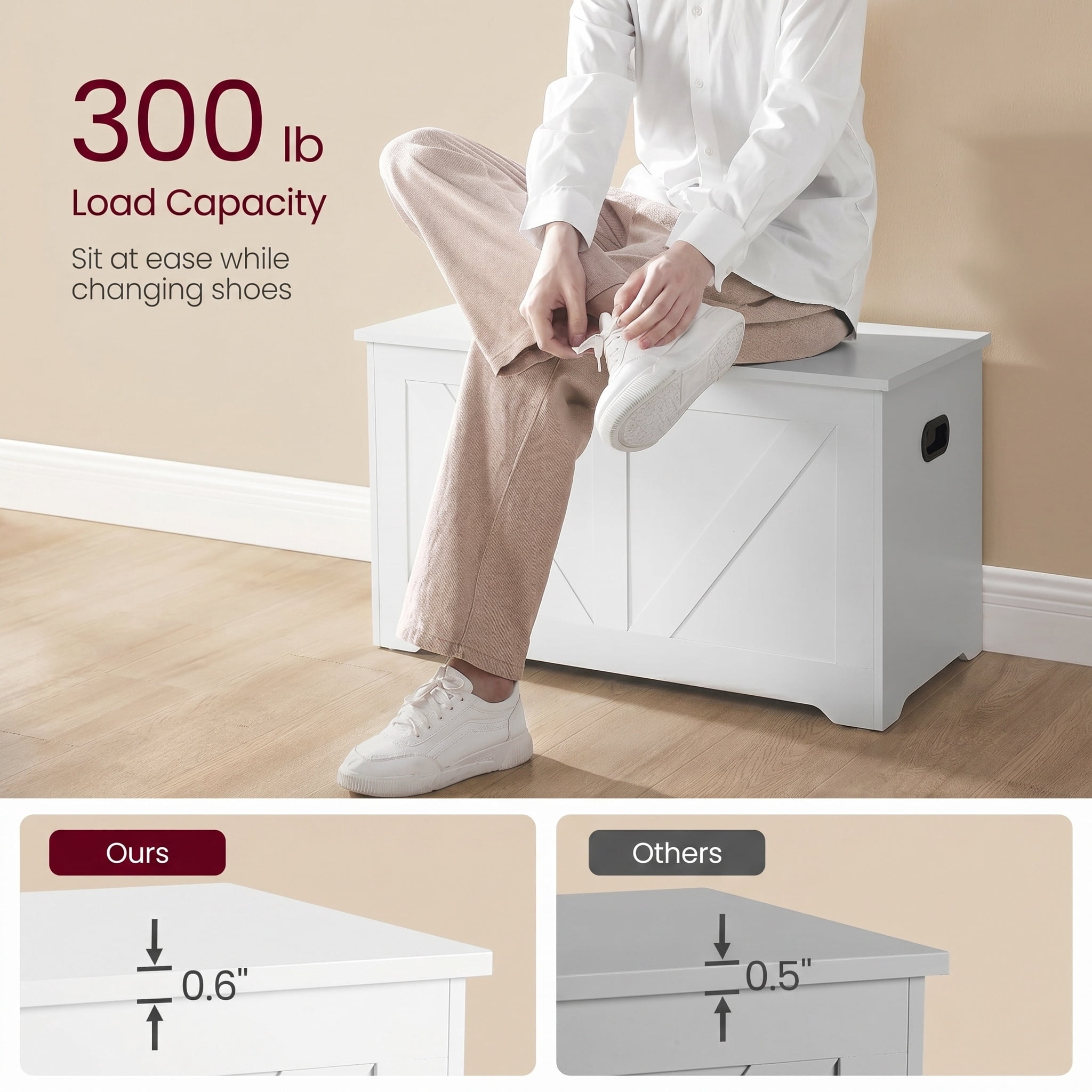 Nordic Hygge White Farmhouse Storage Chest with 2 Safety Hinges