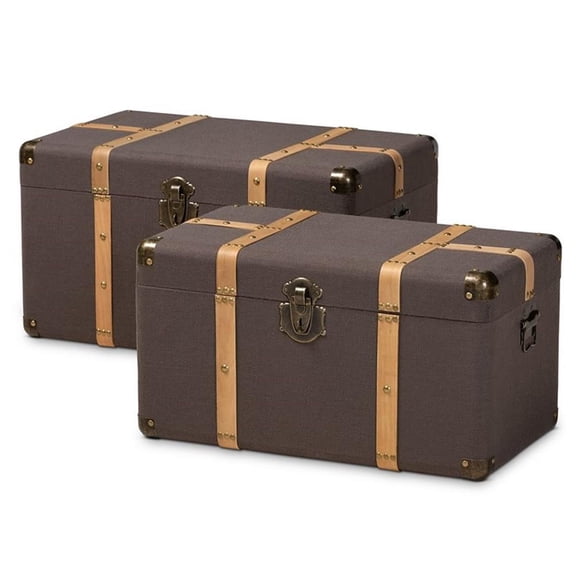 Bowery Hill Dark Brown Upholstered Oak Finished 2-Piece Trunk Set