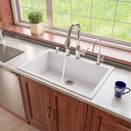 Pemberly Row White 33" Single Bowl Drop In Granite Composite Kitchen Sink