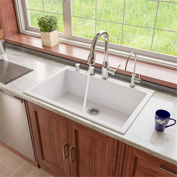Pemberly Row White 33" Single Bowl Drop In Granite Composite Kitchen Sink