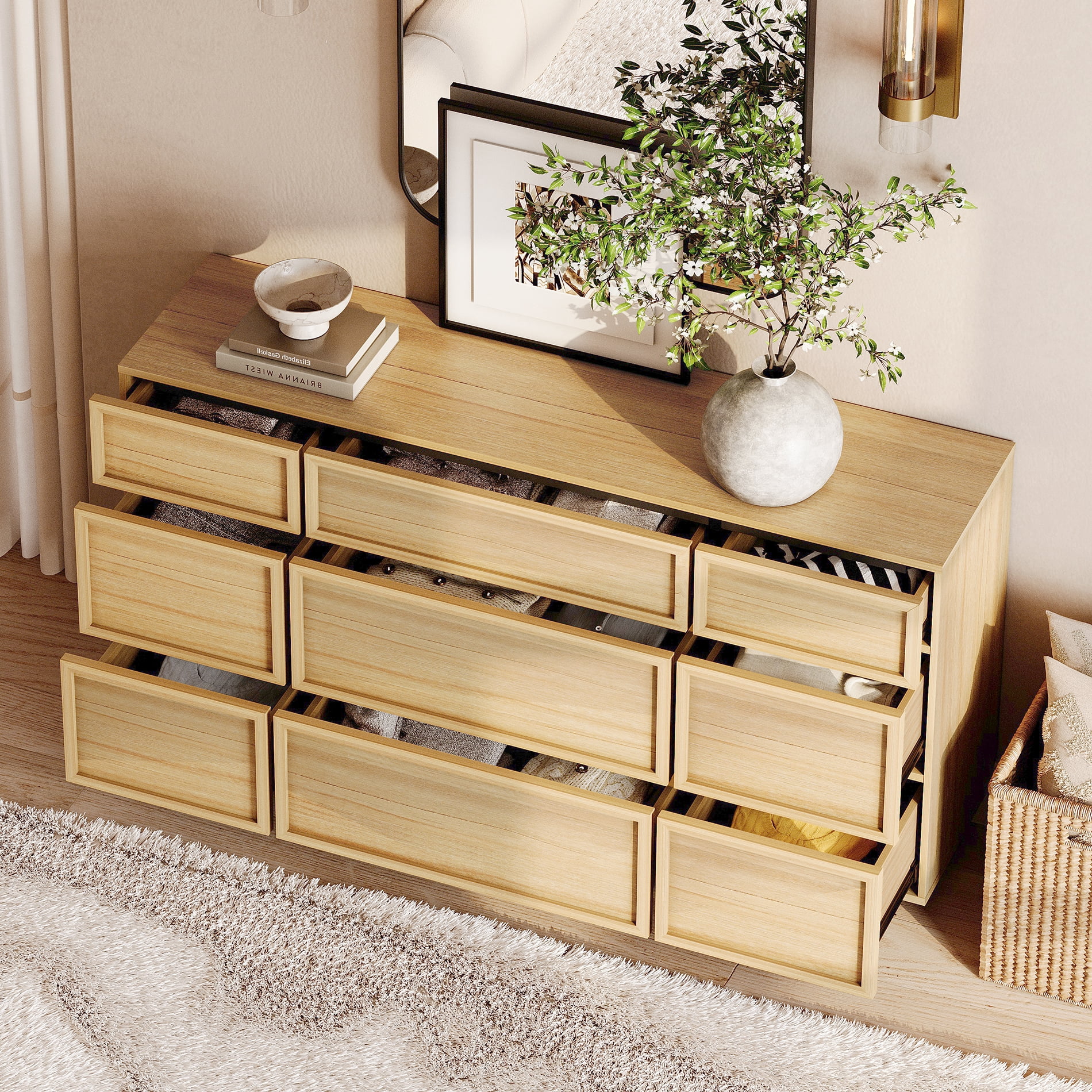 WAMPAT Modern 9-Drawer Wooden Dresser with Sturdy T-Shaped Wood Legs, Chest of Drawers & Closet Organizer for Bedroom, Hallway & Living Room Storage
