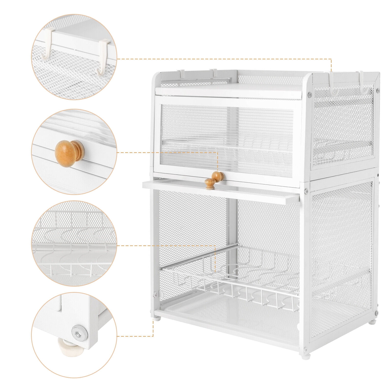 3 Tier Dish Drying Rack Dish Storage Cabinet with Door, Free-Standing Kitchen Plate Cup Dish Drying Rack Tray Shelf Storage Holder Organizer House Ware Dish Organizer for Home Kitchen (White)