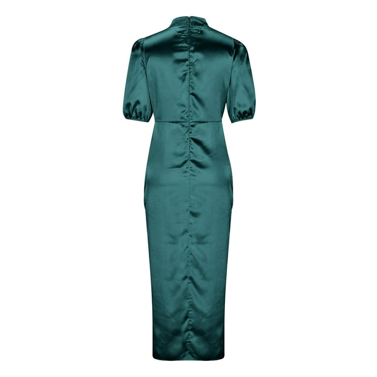 midi tight summer dress Zhugeli Womens Summer Dresses Women's Round Neck Short Sleeved Hem Slit Tight Long Dress Belted Ruffle Hem A-Line Flowy Midi Dresses, Size: 2XL, Green