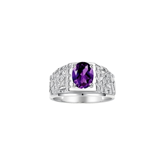 RYLOS Men's Rings 14K White Gold Designer Nugget Ring Oval 9X7MM Gemstone & Diamonds Amethyst February Birthstone Rings For Man Size 8