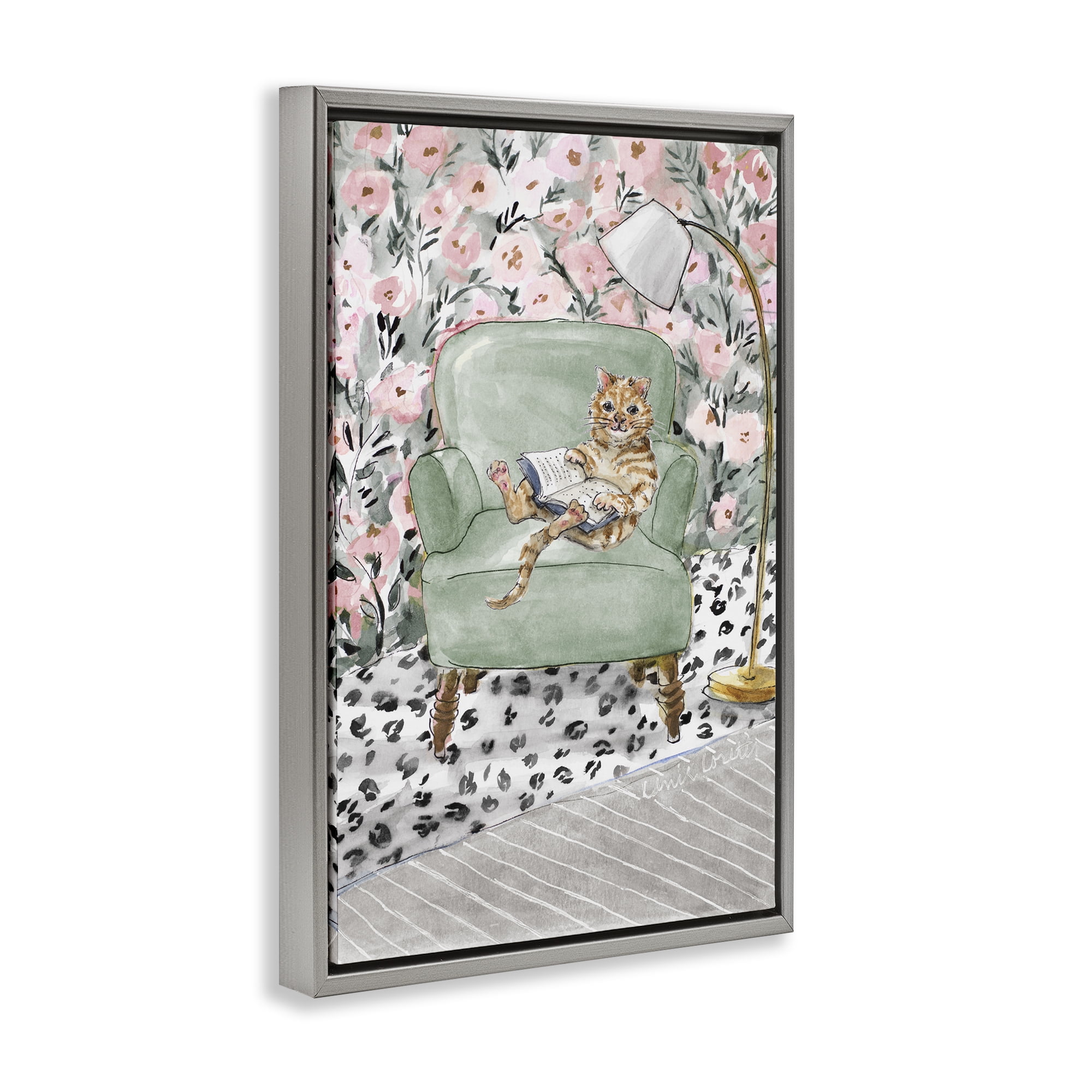 Stupell Industries Cozy Cat Reading Gray Framed Floater Canvas Wall Art, design by Lanie Loreth