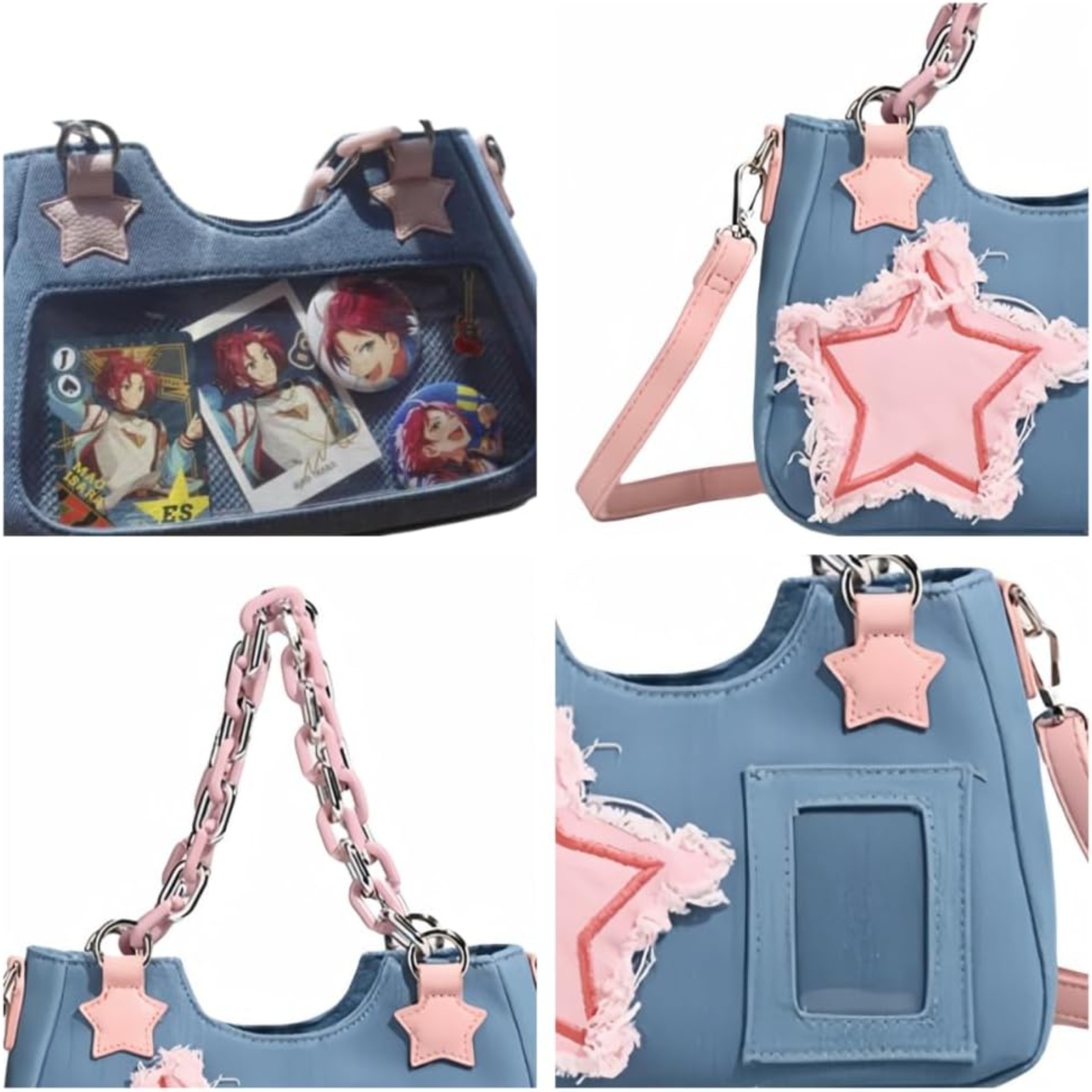 Denim Stars Kawaii Single Shoulder Crossbody Bag Ita Bag Y2k Chains Handbag Aesthetic Cute Crossbody Bag