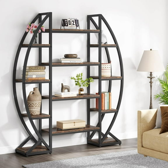 Tribesigns 5 Tier Oval Bookshelf, Triple Wide Industrial Etagere Bookcase for Living Room (Brown, 55")