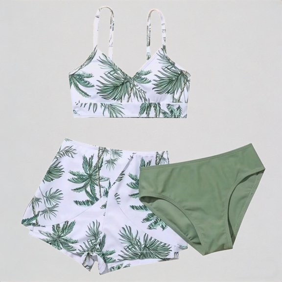 REDARER Girls 3-Piece Swimsuit Set: Tree Print, Triangle Top, Beach Shorts Bottom – Cute Summer Beach Bathing Swimwear,7-8 Years