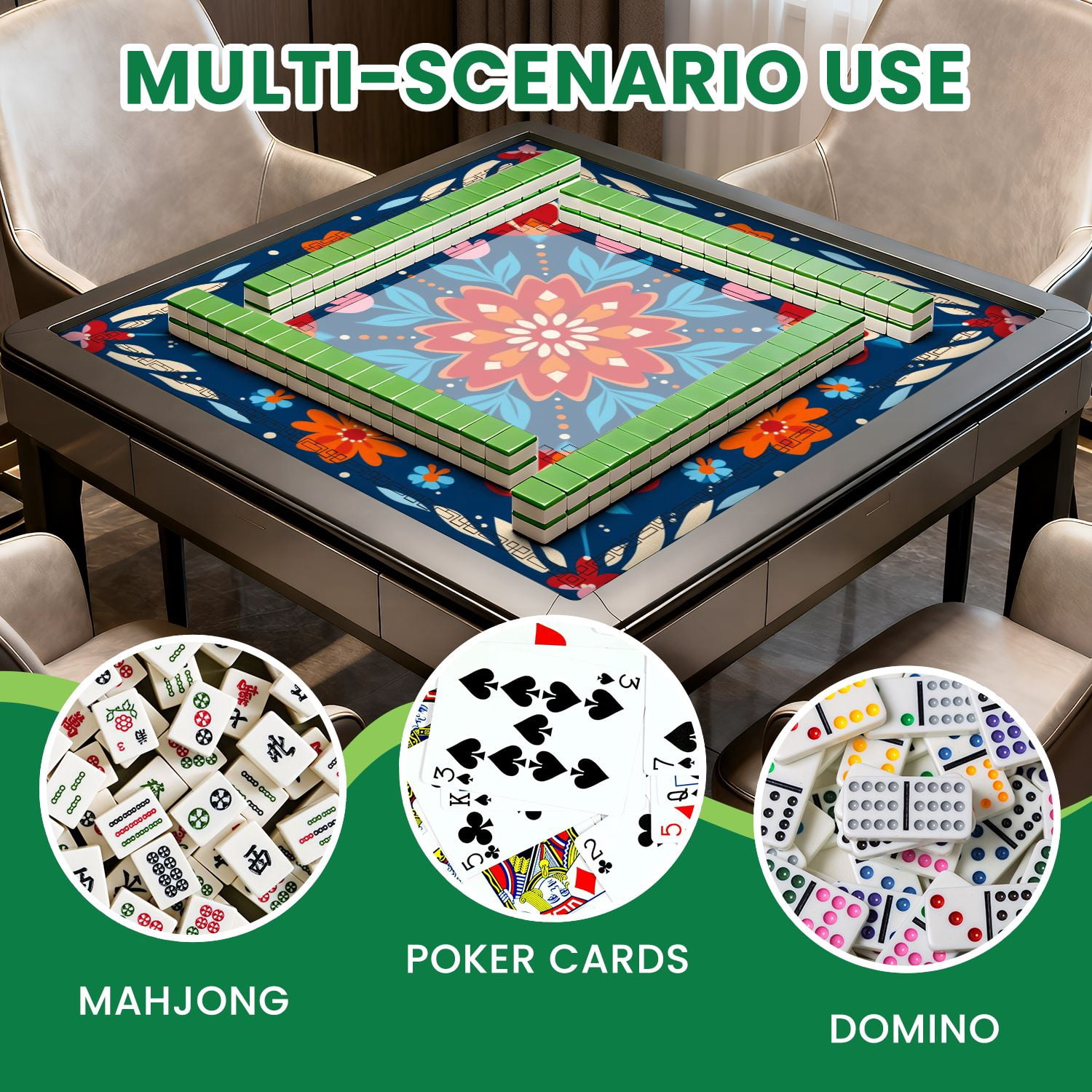 Mahjong Mat 31.5" x 31.5" Symmetrical Floral Folk Art Red Flowers Blue Non-Slip Noise Reduction American Mahjong Tiles Table Cover for Dominoes Poker Card Board Games Gift