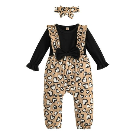 

Toddler Girls Long Sleeve Leopard Hearts Printed Ruffles Romper Jumpsuit Headbands Set