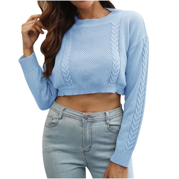 MIUOWANP Cropped Sweaters for Women Plus Women Casual Fashion Solid Pullover Sleeve Round-Neck Sweater Blue S