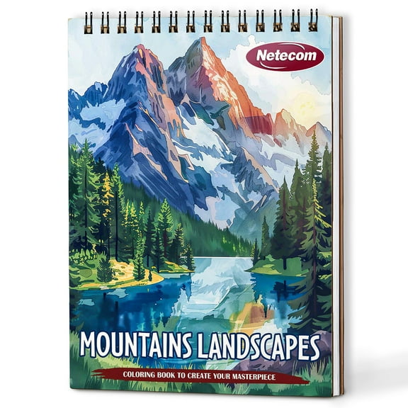 Netecom Mountains Landscapes Coloring Book for Adults, A5 Wooden Cover, Spiral Bound Edition, 30 Majestic Coloring Pages of Beautiful Landscapes for Stress Relief and Relaxation
