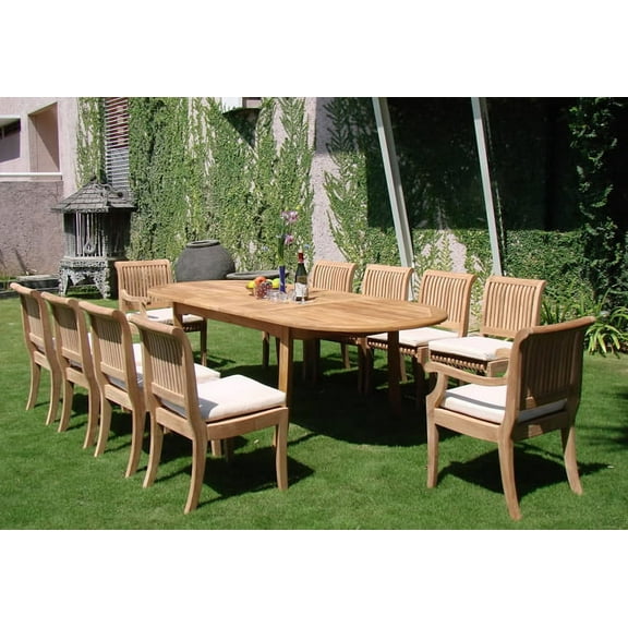 Teak Dining Set:10 Seater 11 Pc - 94" Double Extension Oval Table 8 Armless and 2 Giva Arm / Captain Chairs Outdoor Patio Grade-A Teak Wood WholesaleTeak #WMDSGVy