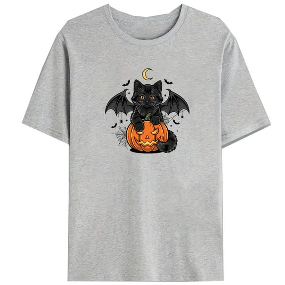 Halloween Womens Bat Cat Graphic Tee T-shirt Top Cotton Short Sleeve Round Neck Gray S-3XL