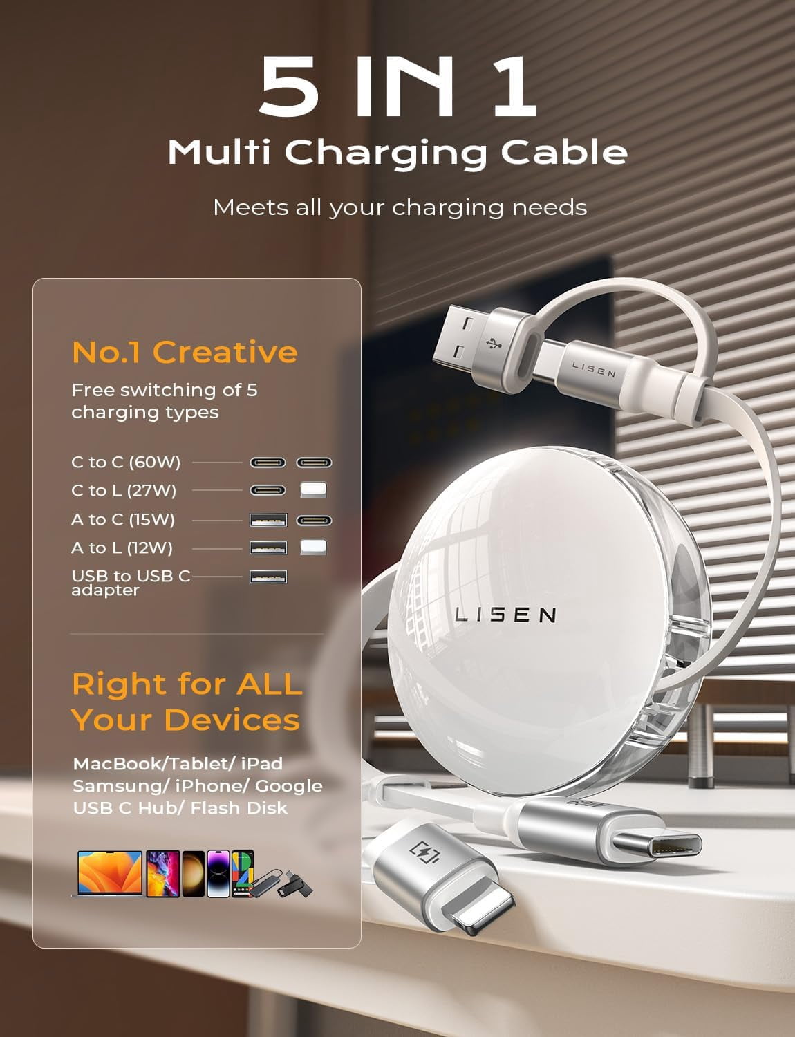 JJEAN-5-in-1 Fast Charging Retractable Cable for iPhone, iPad, Samsung - 60W Charger with USB-C/A Ports for Phones, Tablets, White
