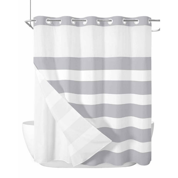No Hook Cloth Fabric Shower Curtain with Snap in Liner, Grey Stripe Waterproof Shower Curtains Set with See Through Top Window, Modern Simple Geometric White Striped Bath Curtains Shower 72"x72"