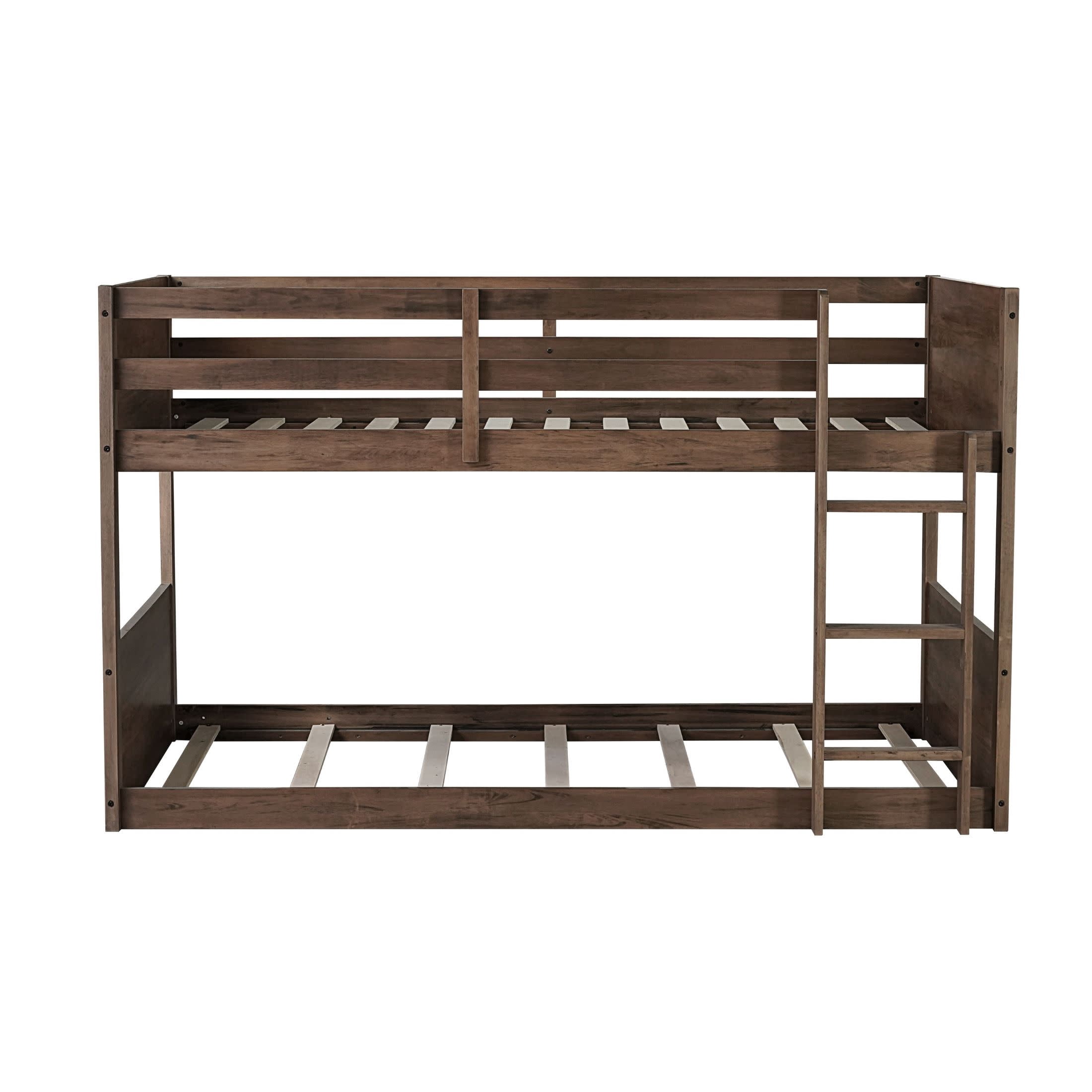 Noble House Twin Over Twin Floor Bunk Bed, Solid Rubber Wood Frame with Panel Headboards, Antique Dark Oak