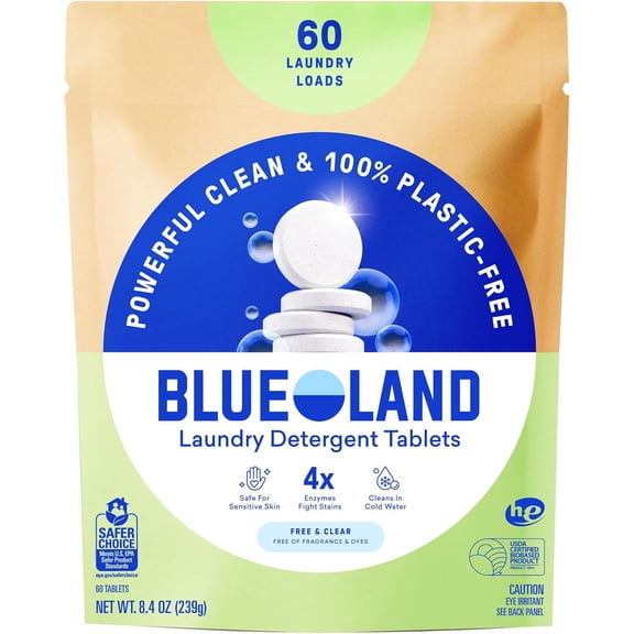 Laundry Detergent Tablets, 60 Count, Plastic-Free Eco-Friendly Pods, Sheets, Liquid Alternative - Fragrance Free and Clear, Natural, Gentle