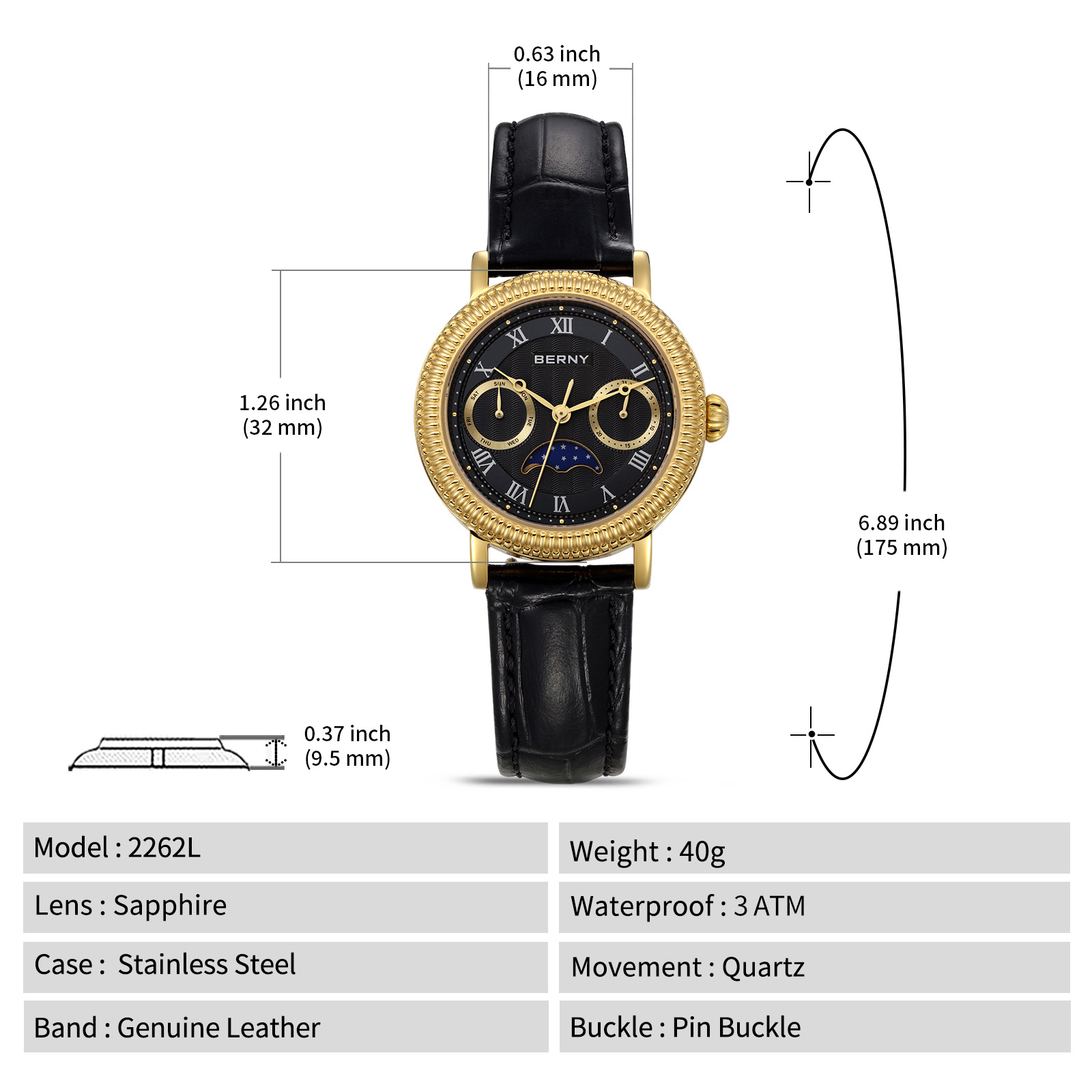 BERNY Womens Leather Watch, Vintage Roman Numerals Luxury Moon Phase Watch with Day & Date, Stainless Steel, Sapphire Crystal, Waterproof, Fashion Dress Analog Quartz Wrist Watches for Women (Gold)