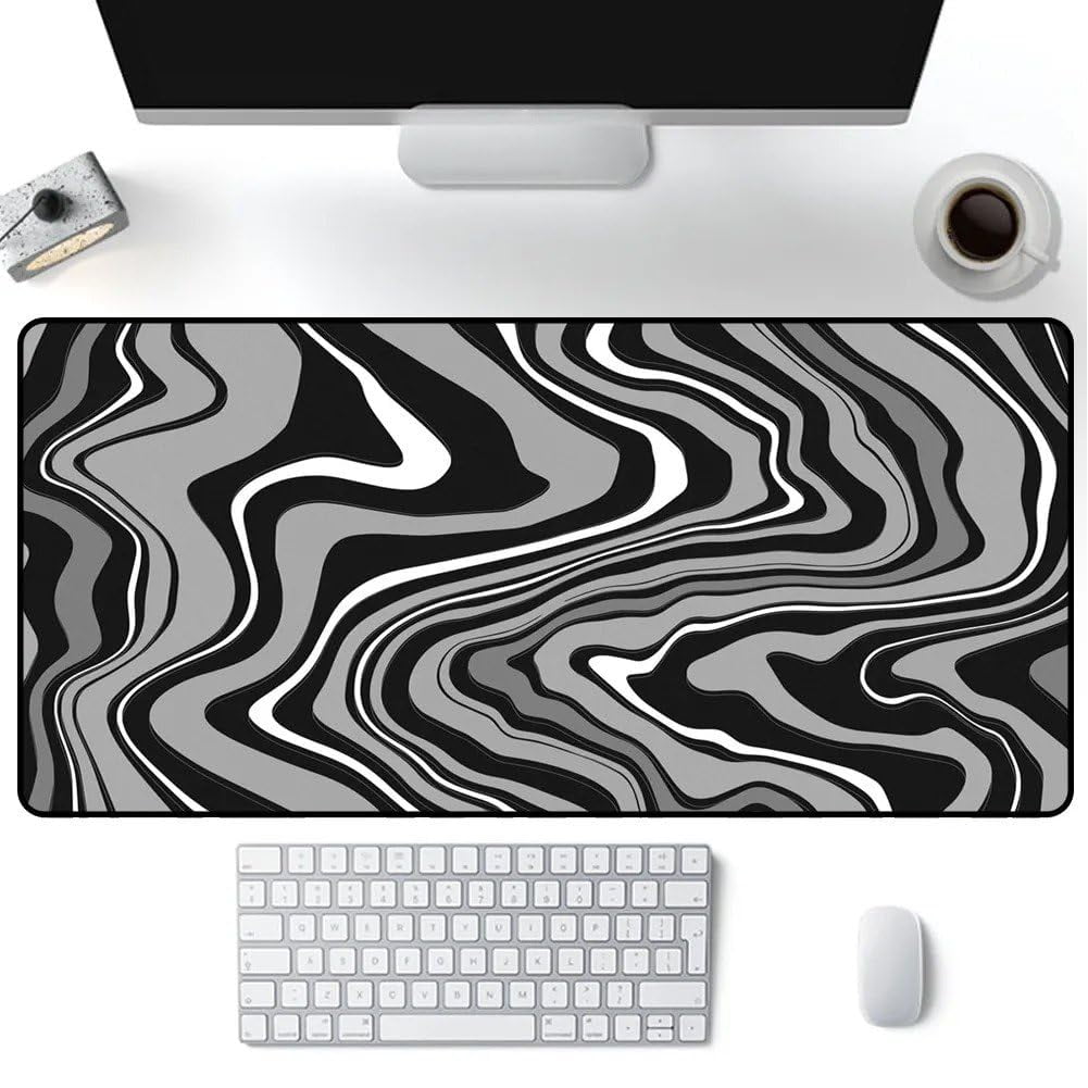 Large Gaming Mouse Pad, Extended XL Mousepad, Non-Slip Rubber Base Keyboard Mouse Mat Desk Pad for Work, Game, Office, Home, 31.5 x 11.8 in, Black Marble Fluid Design