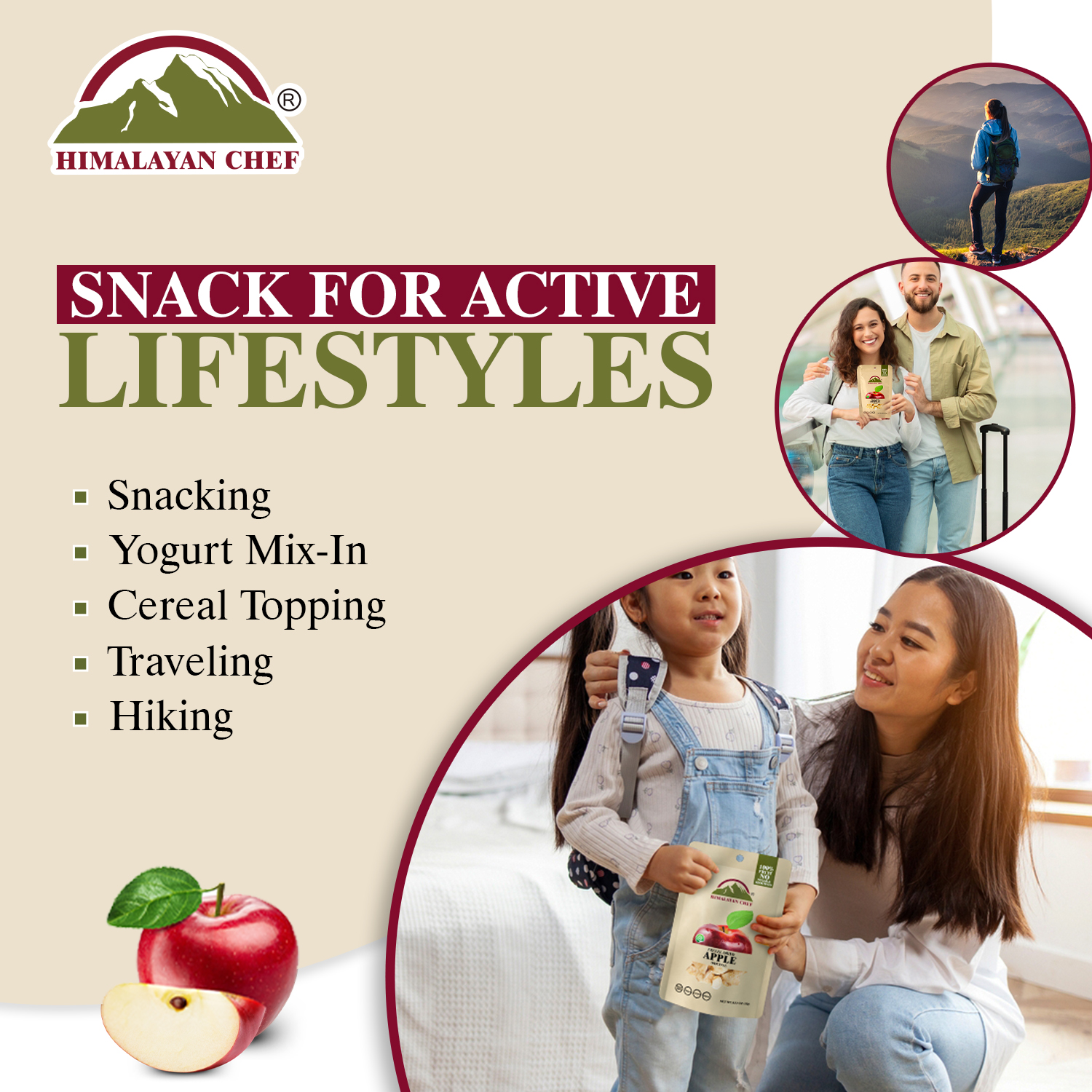Himalayan Chef Freeze-Dried Apple 15g/Each (Pack of 10) | Organic Dried Fruit Snacks, Healthy Snack for Kids & Adults | Baby Snacks, Freeze-Dried Fruit