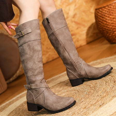 

LnjYIGJ Women s Low-Heeled Knee High Boots Women s Winter Boots With Belt Buckle Round Toe Low Heel Side Zipper Warm High Boots