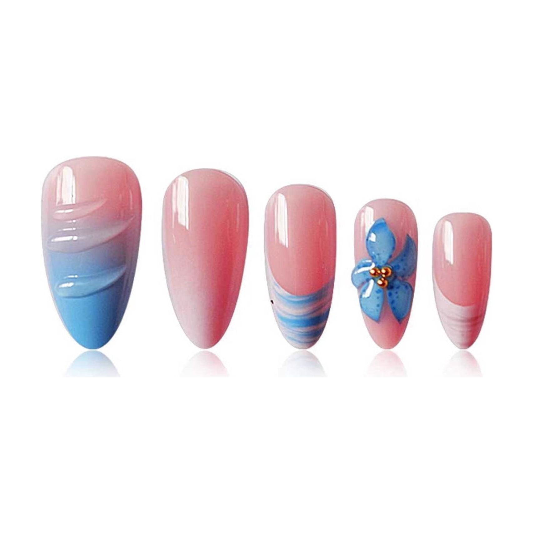 Cross-border hot-selling almond-shaped fake nails, sweet and cool blue, pure desire pearl shell, three-dimensional corrugated design, wearing armor