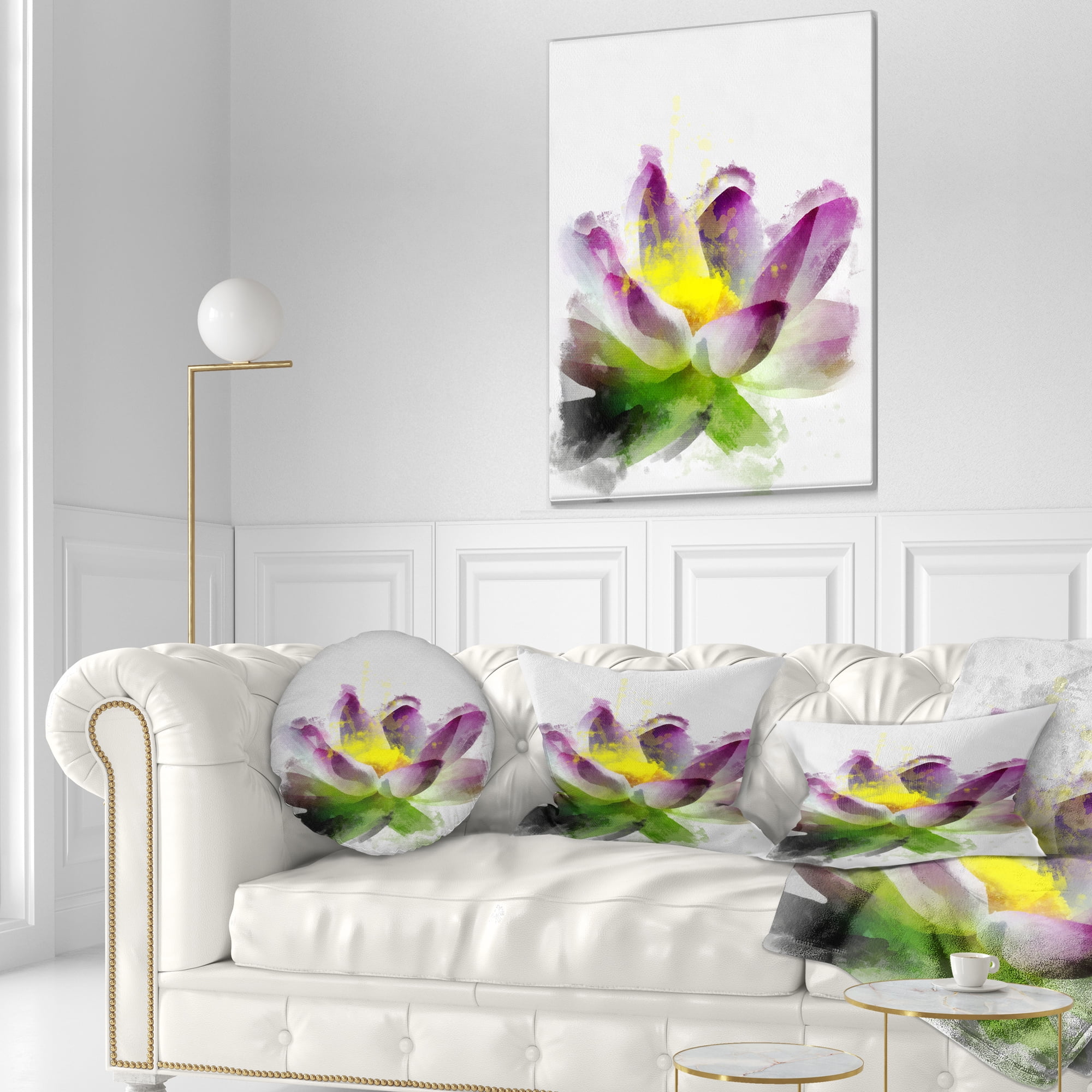 Designart Lotus Flower Sketch Watercolor - Floral Throw Pillow - 12x20