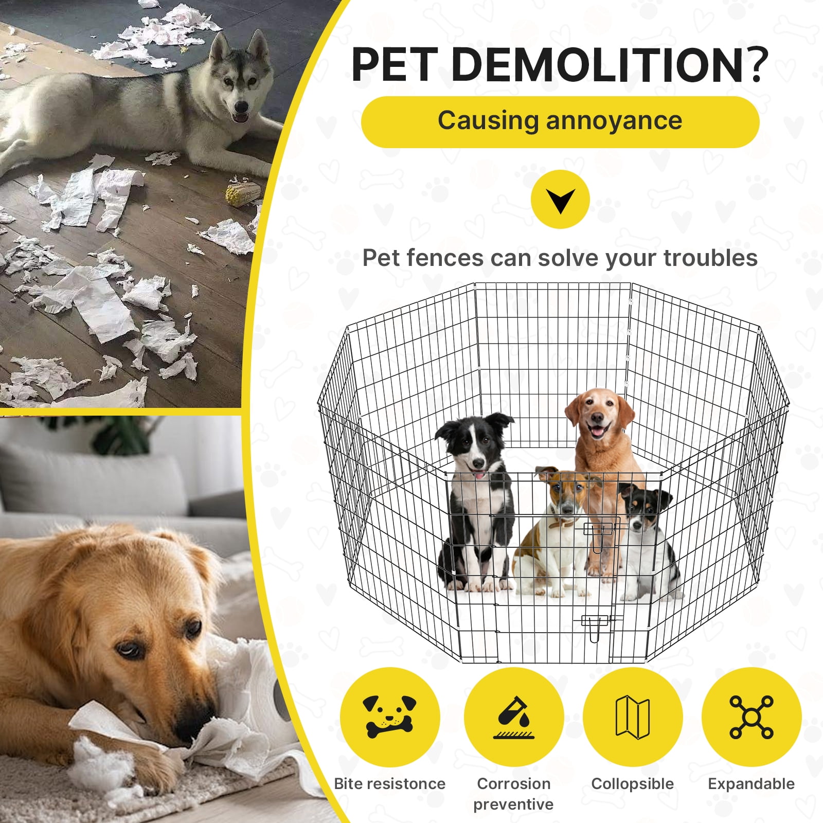 ZephyPaws Foldable Dog Playpen Pet Fence for Yard 36in Dog Pens for Inside,8 Panels Puppy Playpen