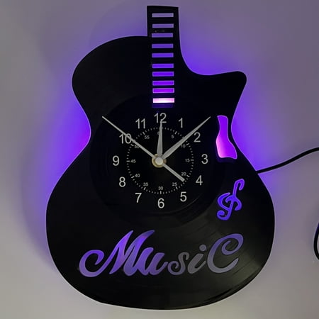 Handmade Guitar-Shaped LED Wall Clock - Vinyl Record, Battery Operated