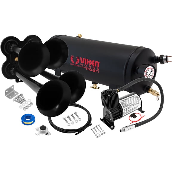 Vixen Horns Train Horn Kit for Trucks/Car/Semi. Complete Onboard System- 150psi Air Compressor, 1.5 Gallon Tank, 4 Trumpets. Super Loud dB. Fits Vehicles like Pickup/Jeep/RV/SUV 12v VXO8715B/4114B
