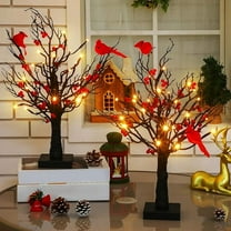 Vintage Glowing Tree with Cardinals (21inch), 2025 New Glowing Tree with Cardinals, Vintage Glowing Tree with Cardinal and Berries, Table Top for Christmas, Halloween Decorations (2pcs)