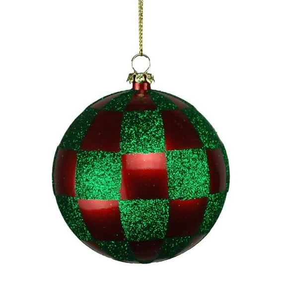 4 Pack of Red and Green Checkered Ball Ornaments with Glitter Enhancements