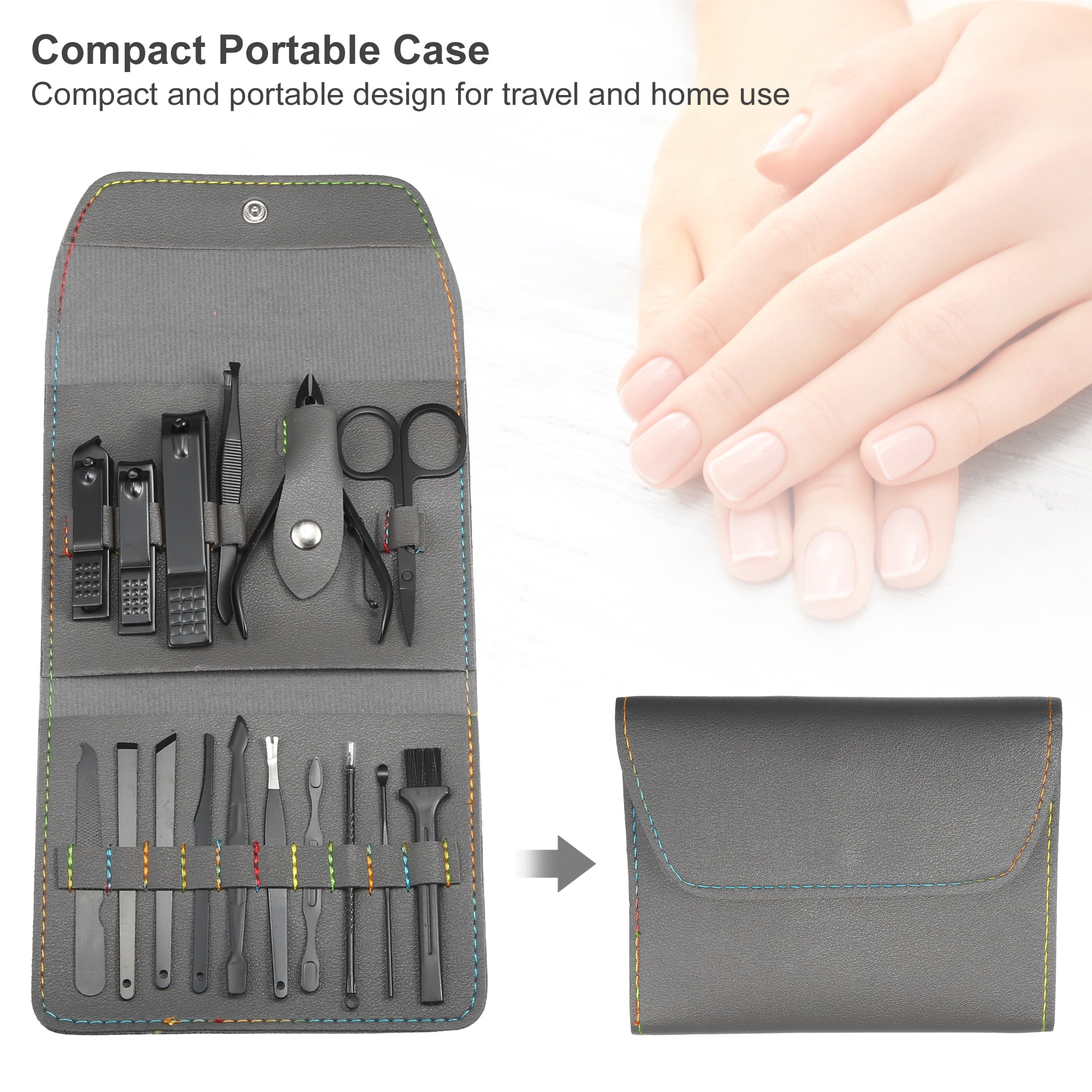 Unique Bargains 16 pcs Manicure Set with Gray PU Case Personal Care Stainless Steel Black
