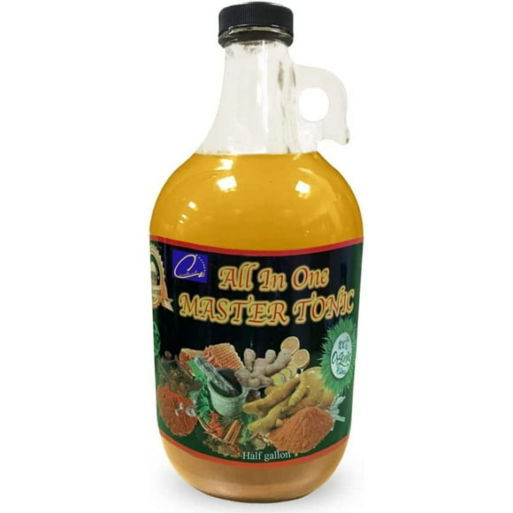 64oz Halal Kosher NonGMO tonic shots with cinnamon, cloves, apple cider vinegar, lemon, ginger, turmeric, cayenne pepper, honey, water
