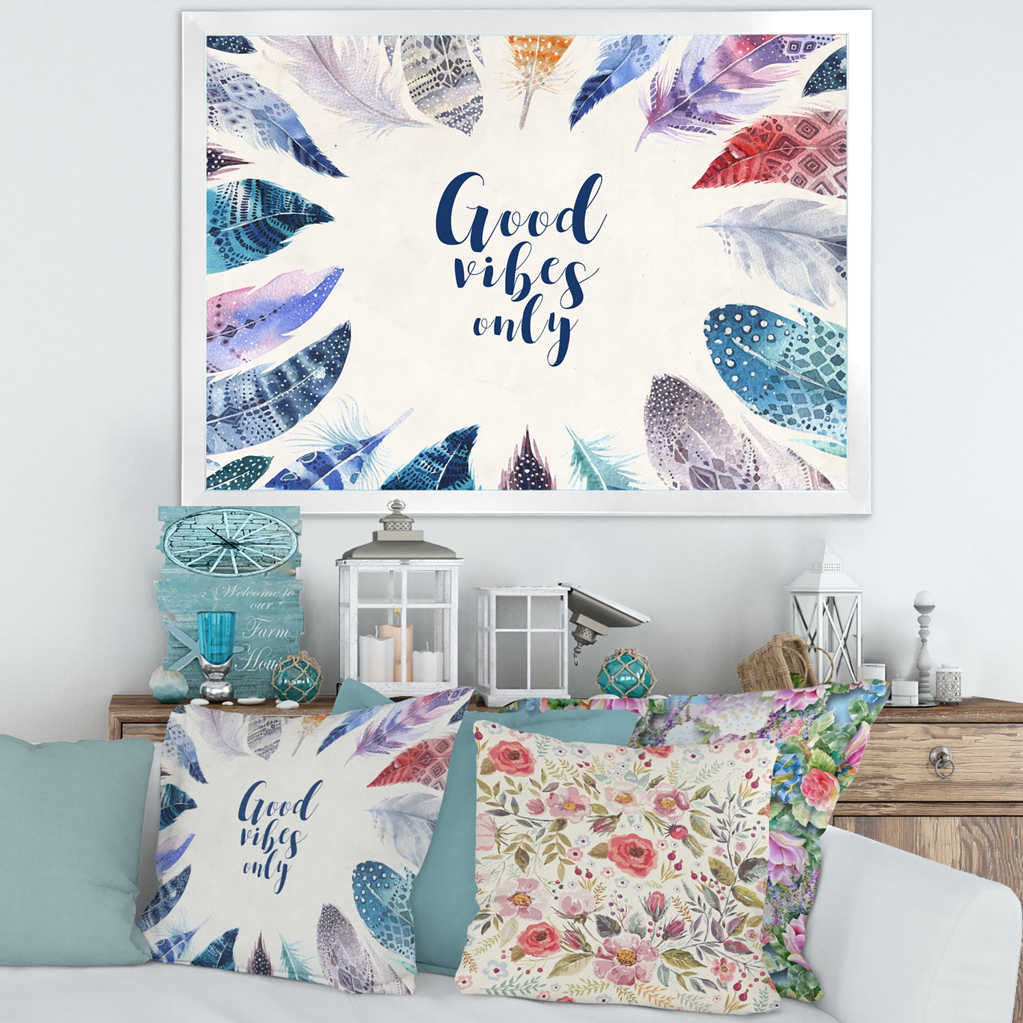 Designart 'Good VIbes Only Under Vibrant Blue Feathers' Bohemian & Eclectic Framed Art Print