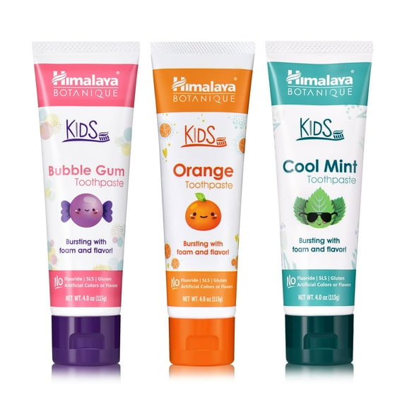 Himalaya Botanique Kids Toothpaste with Xylitol, Variety Pack, Bubble Gum, Orange, Cool Mint, 4 oz, 3 pack