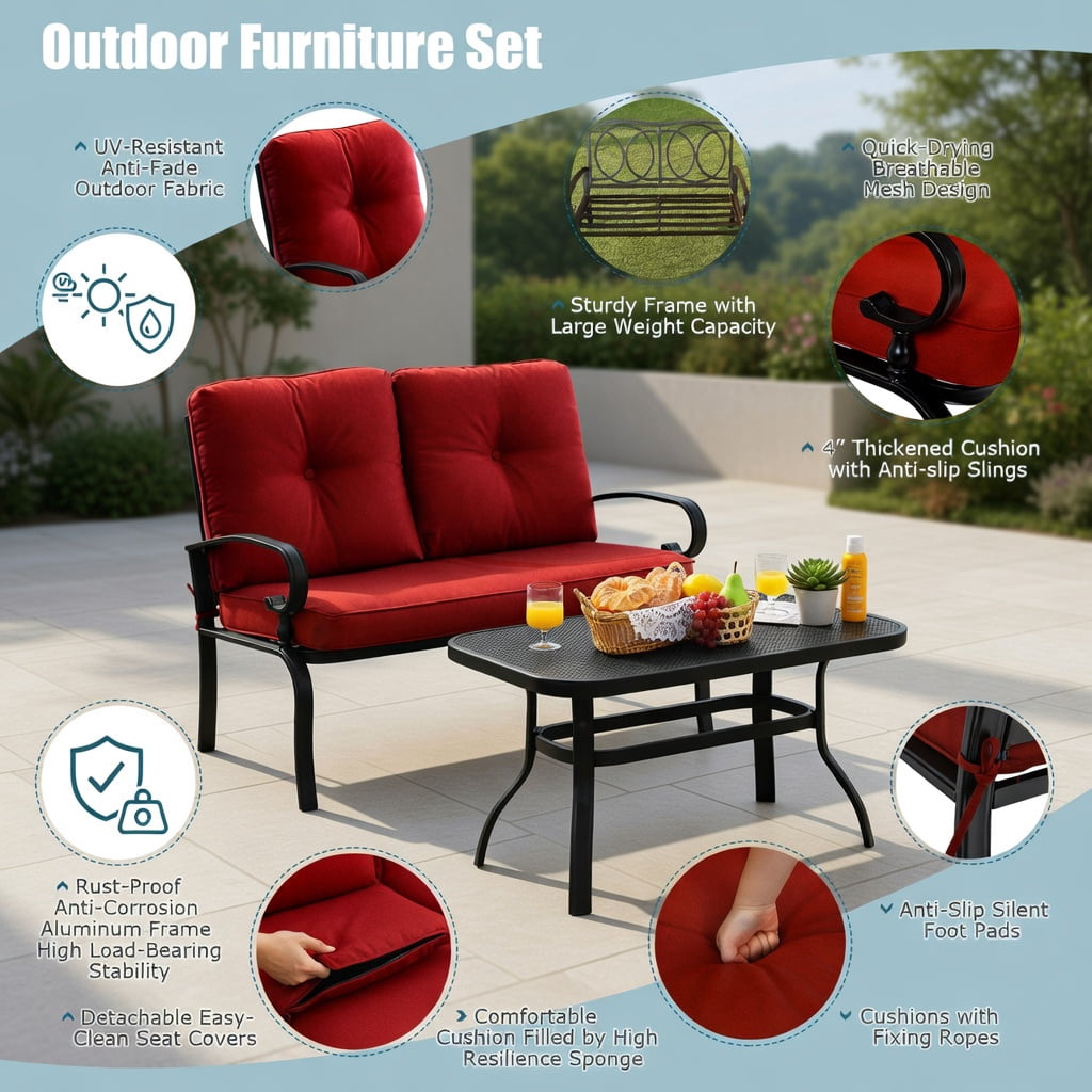 Hommoo 4-Piece Outdoor Rattan Patio Furniture Set, PE Rattan Loveseat, 2 Single Chairs & Tempered Glass Coffee Table for Backyard, Balcony, Garden, Black