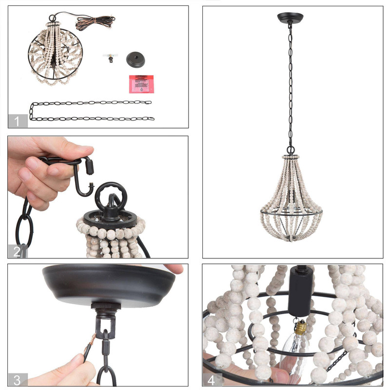 LNC Farmhouse Beaded Pendant Light with Black Metal Frame, Adjustable Hanging Fixture