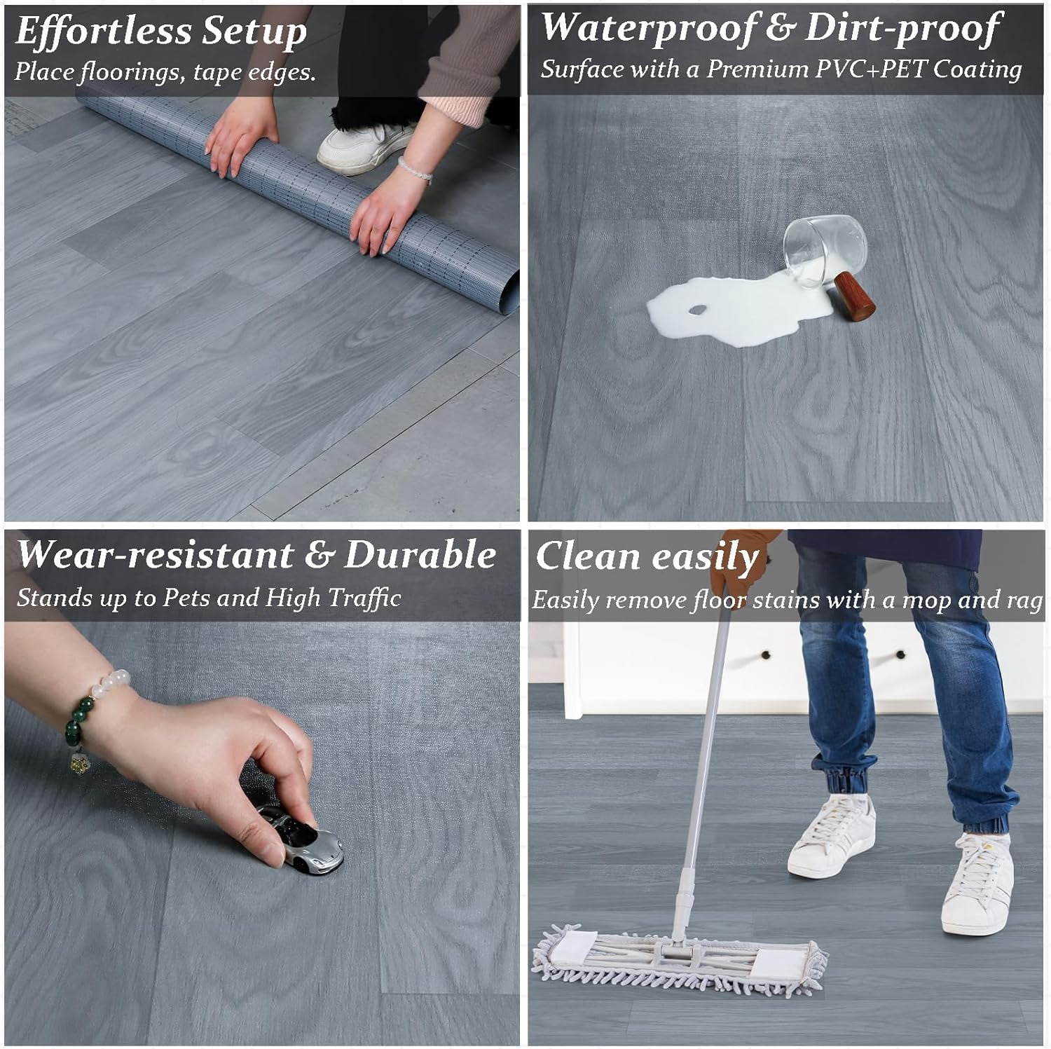 Oxdigi Vinyl Flooring Roll 39.3x196 inches, PVC Leather-Like Linoleum Floor Covering with Tape, Removable- No Adhesive Backing Light Gray Wood