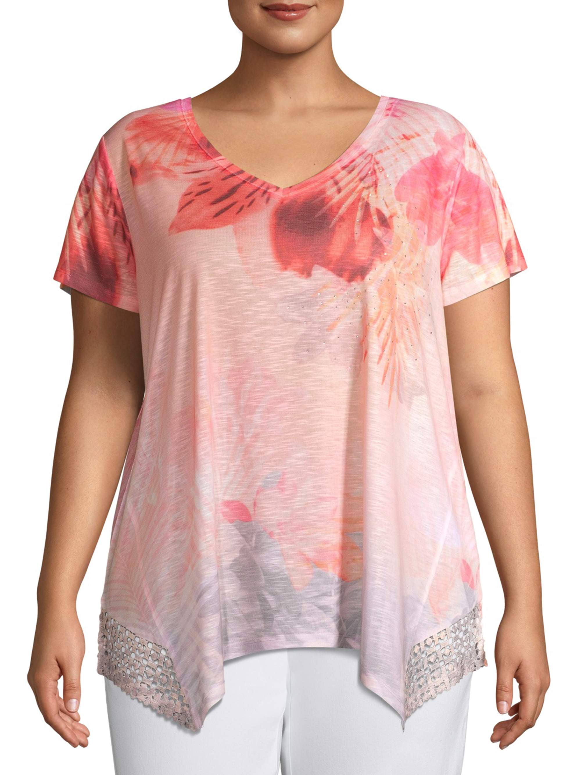 Time And Tru Women s Plus Size Crochet Sublimation V Neck Tee Walmart