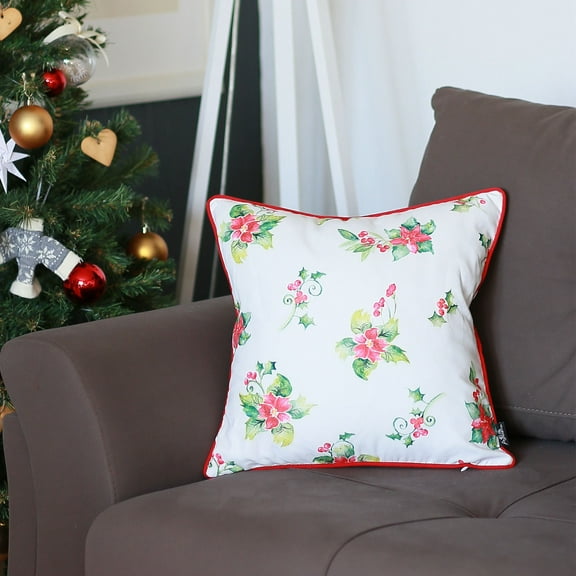 Decorative Christmas Themed Single Throw Pillow Cover 18" x 18" White & Red Square for Couch, Bedding